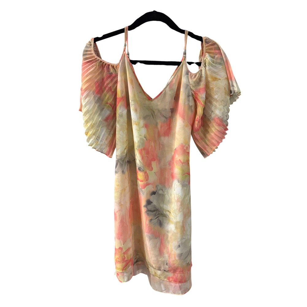White House Black Market Watercolor Floral Cold Shoulder Pleated Sleeve Dress 00